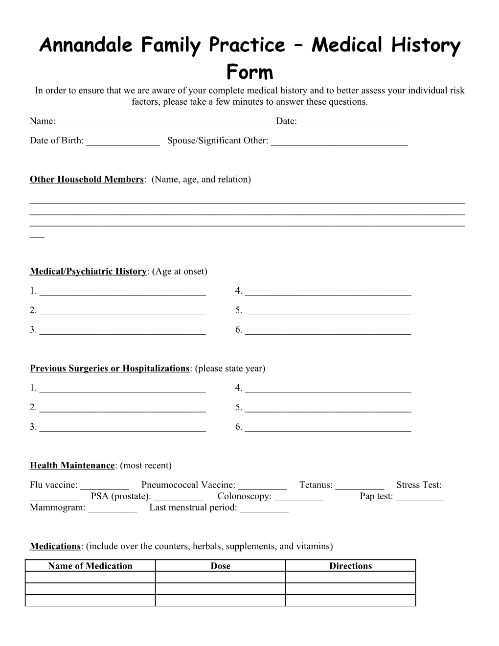 Annandale Family Practice Medical History Form