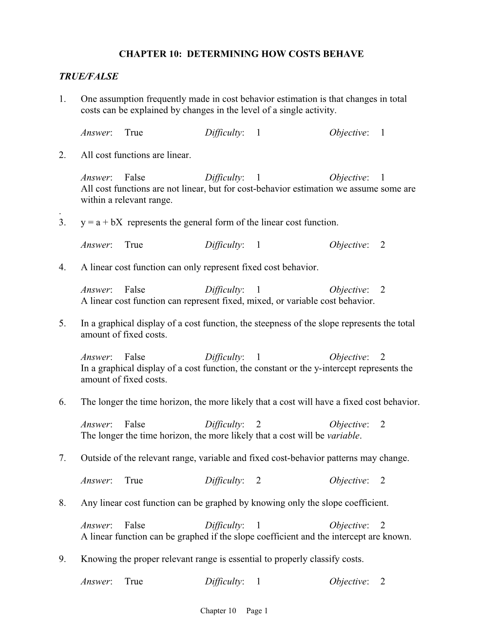 Chapter 10: Determining How Costs Behave