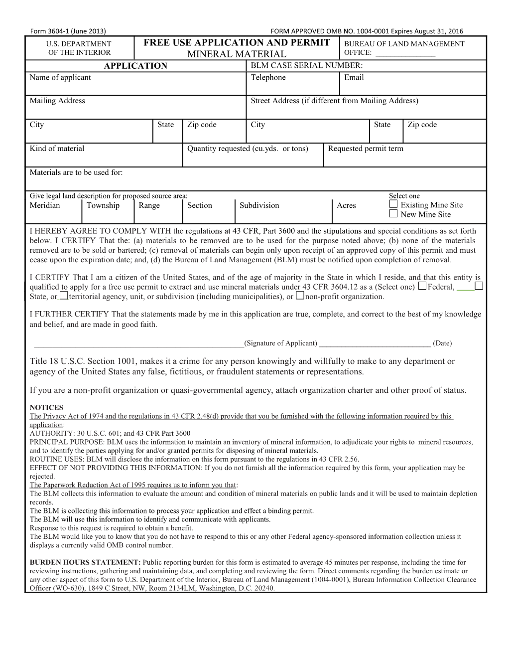 Form 3604-1 (June 2013)FORM APPROVEDOMB NO. 1004-0001Expires August 31, 2016