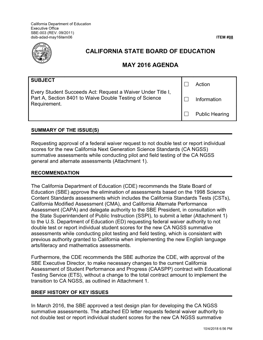 May 2016 Agenda Item 08 - Meeting Agendas (CA State Board of Education)