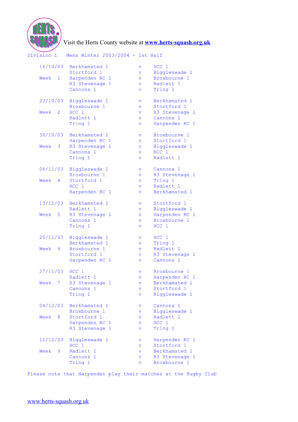 Division 1 Mens Winter 03/04 - 1St Half