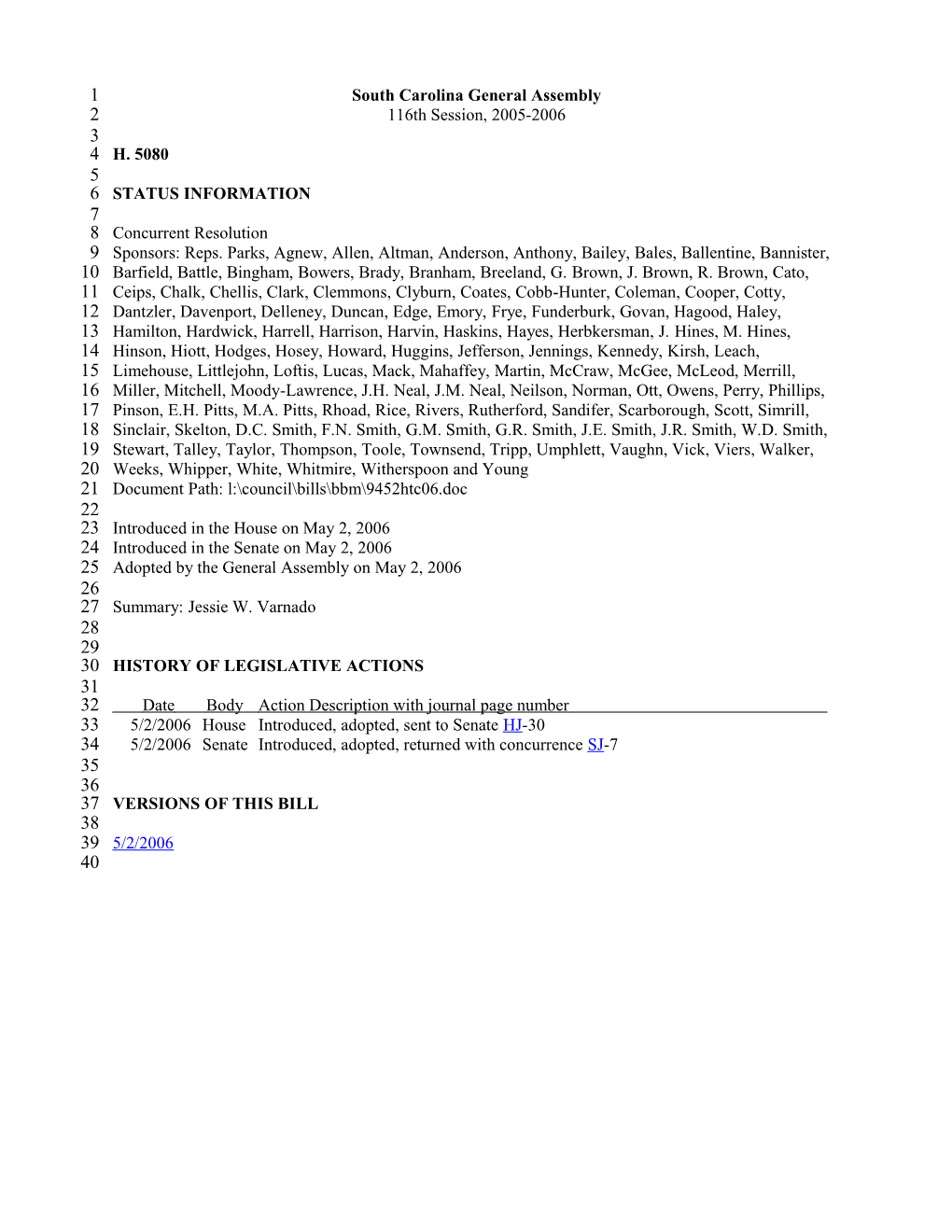 2005-2006 Bill 5080: Jessie W. Varnado - South Carolina Legislature Online