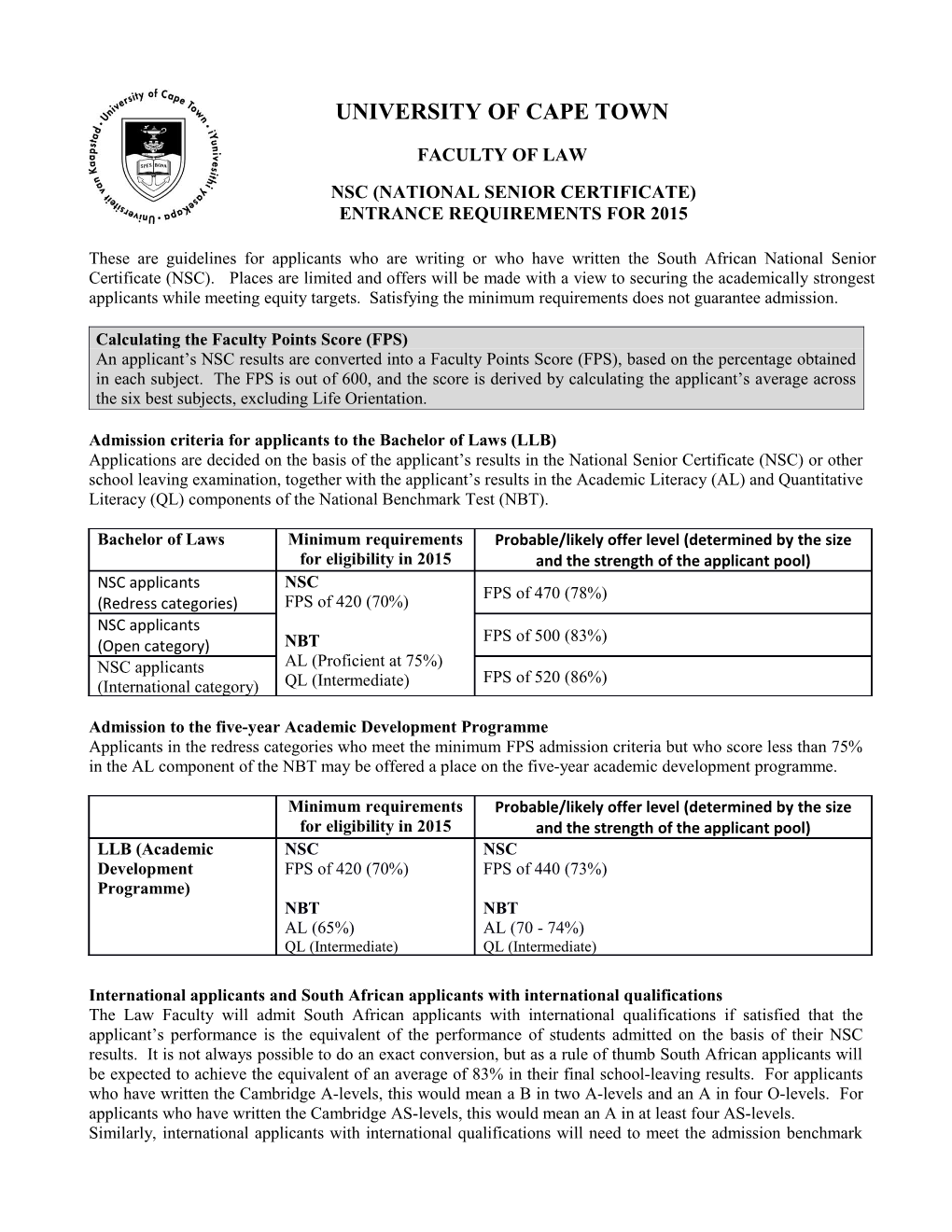 Nsc (National Senior Certificate)Entrance Requirements for 2015