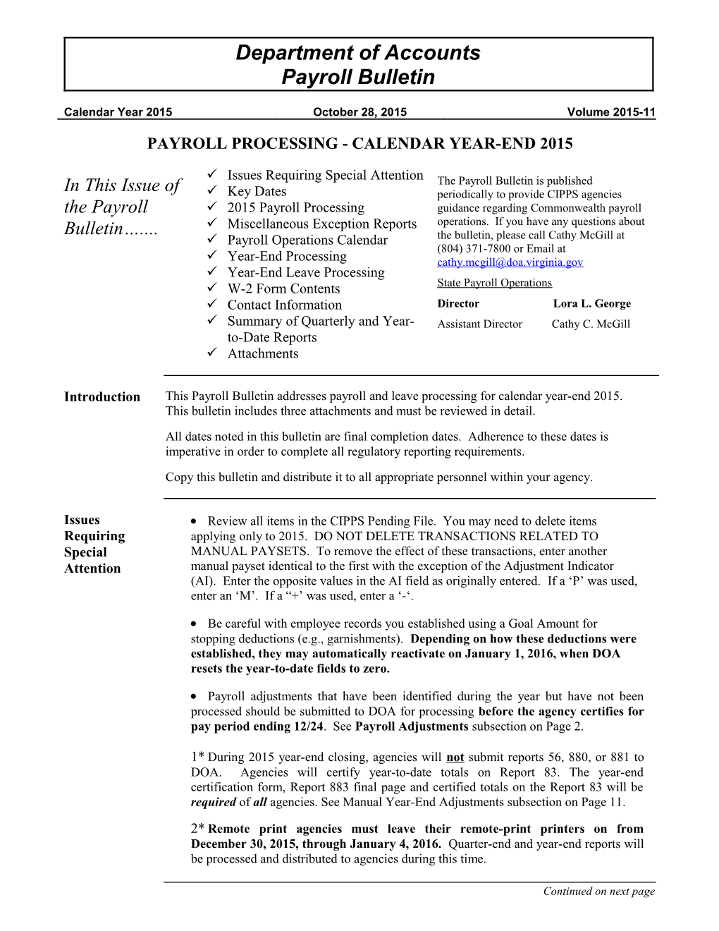 Payroll Bulletin - Calendar Year-End 2015