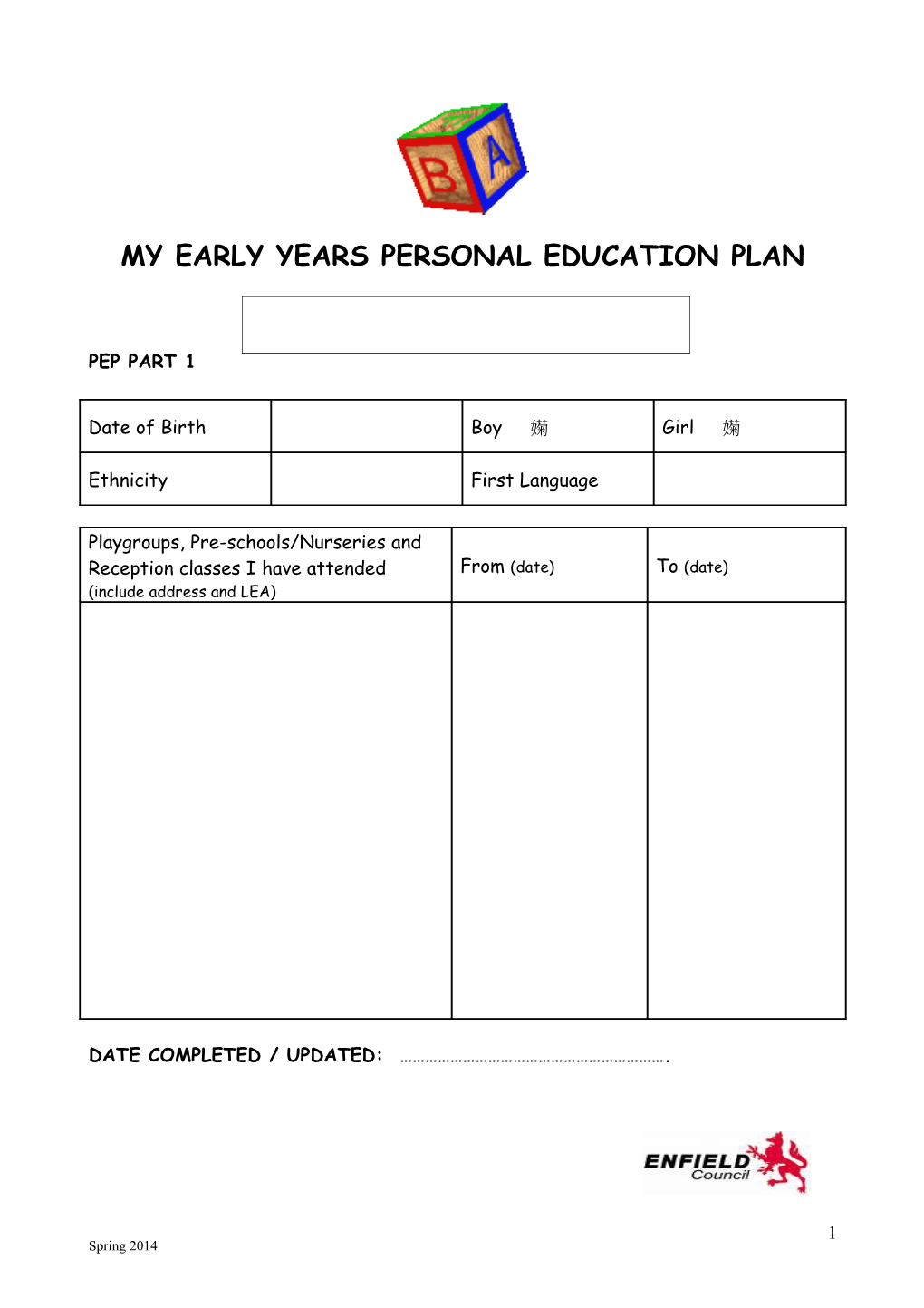 My Early Years Personal Education Plan