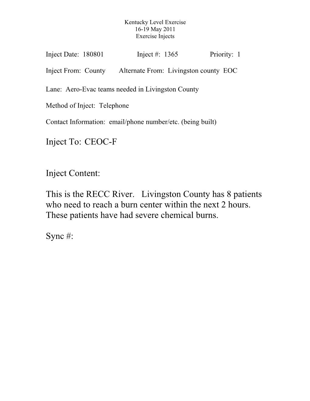Inject From: Countyalternate From: Livingston County EOC
