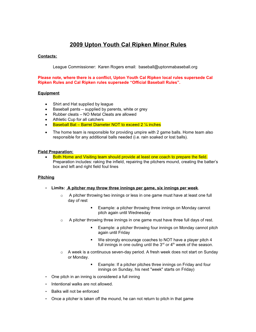 2009 Upton Youth Cal Ripken Minor Rules