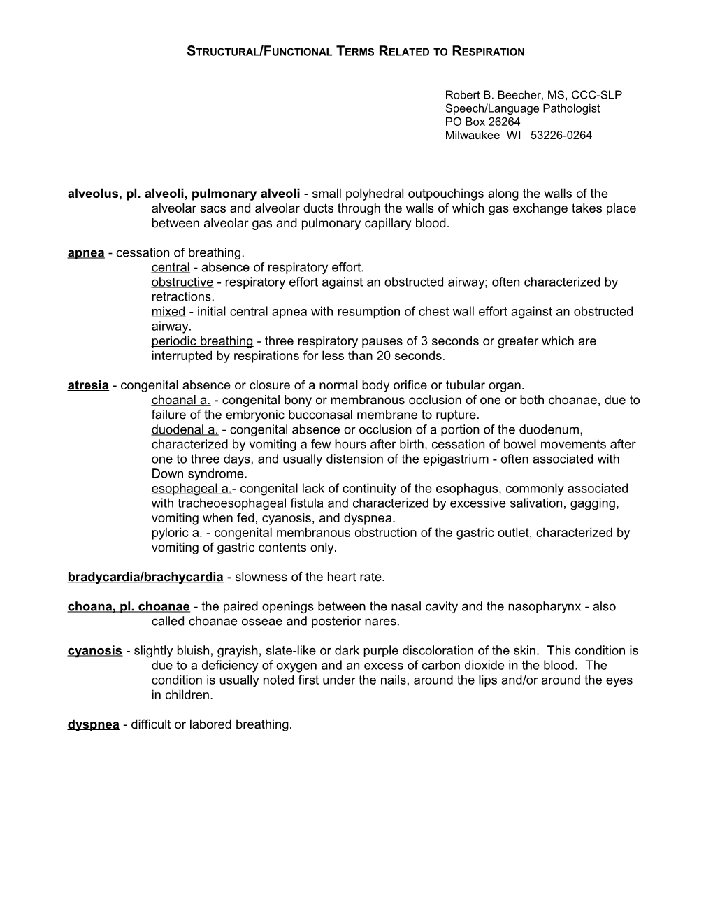 Structural/Functional Terms Related to Respiration