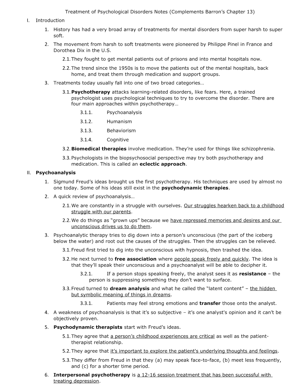 Treatment of Psychological Disorders Notes (Complements Barron S Chapter 13)