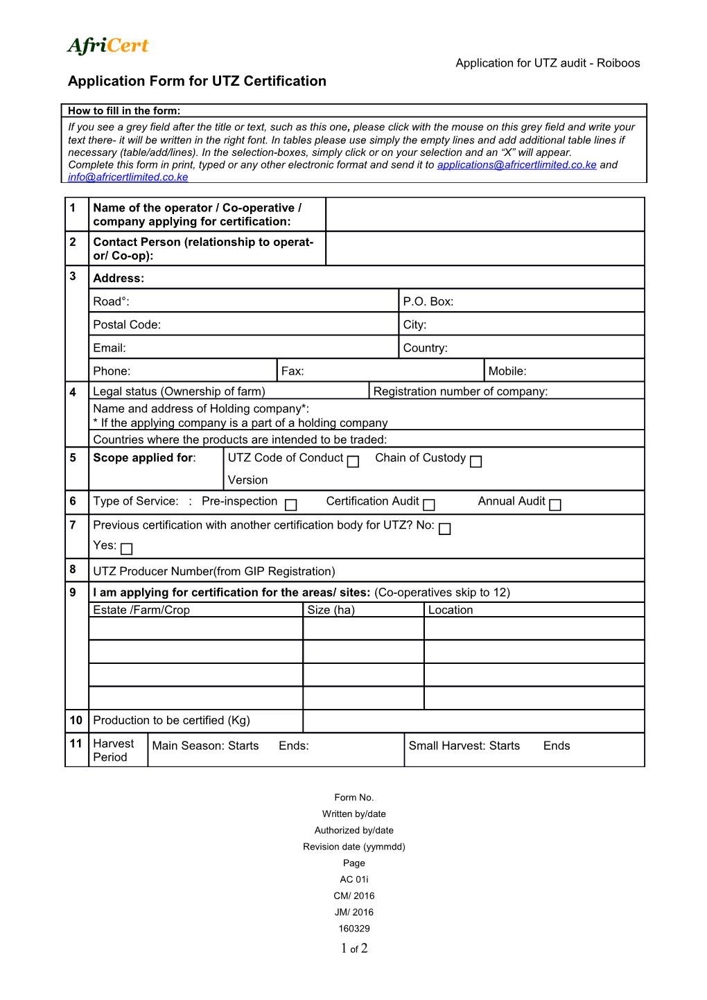 Application Form for Utz Certified Certification