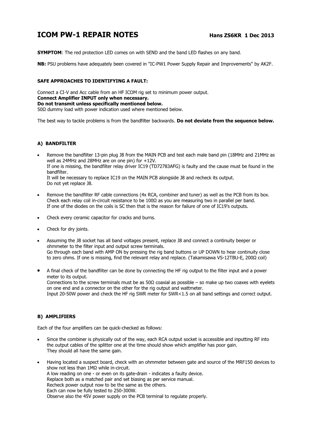 ICOM PW-1 REPAIR NOTES Hans ZS6KR 1 Dec 2013