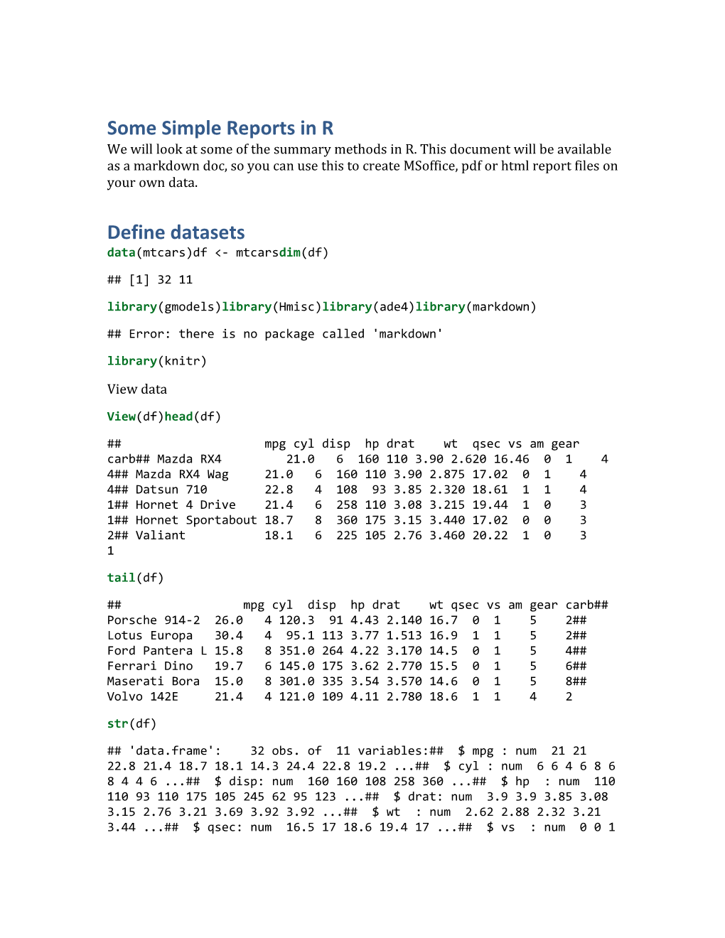 Some Simple Reports in R