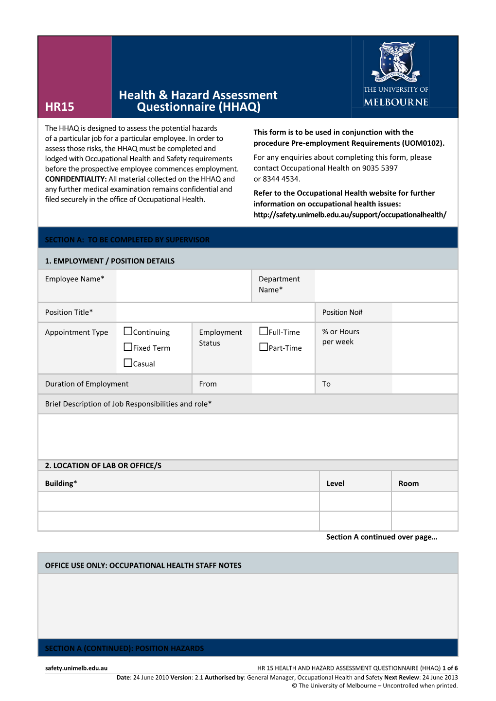 HR 15 - Health & Hazard Assessment Questionnaire (HHAQ)