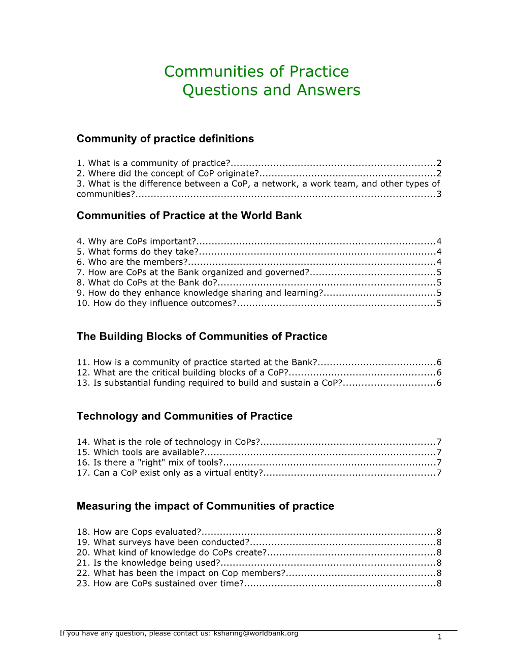 Communities of Practice Questions and Answers