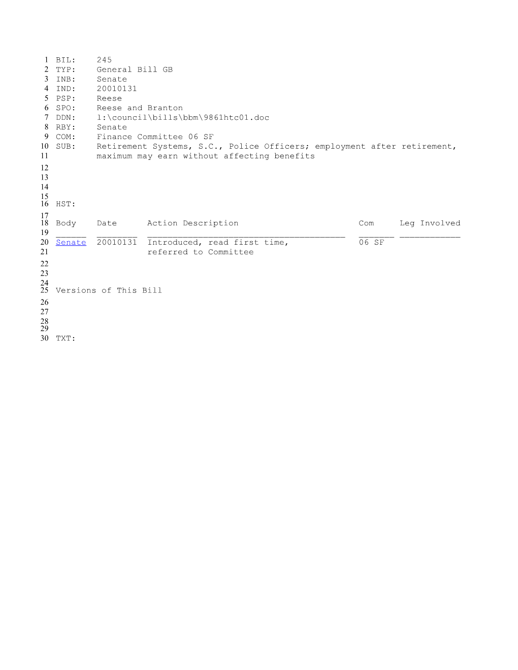 2001-2002 Bill 245: Retirement Systems, S.C., Police Officers; Employment After Retirement