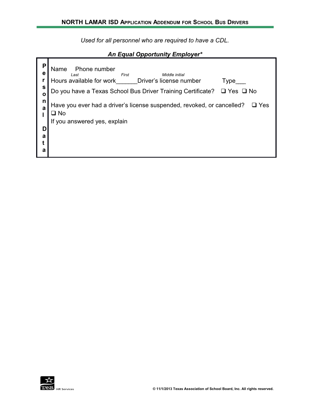 Sample Application Addendum for School Bus Drivers