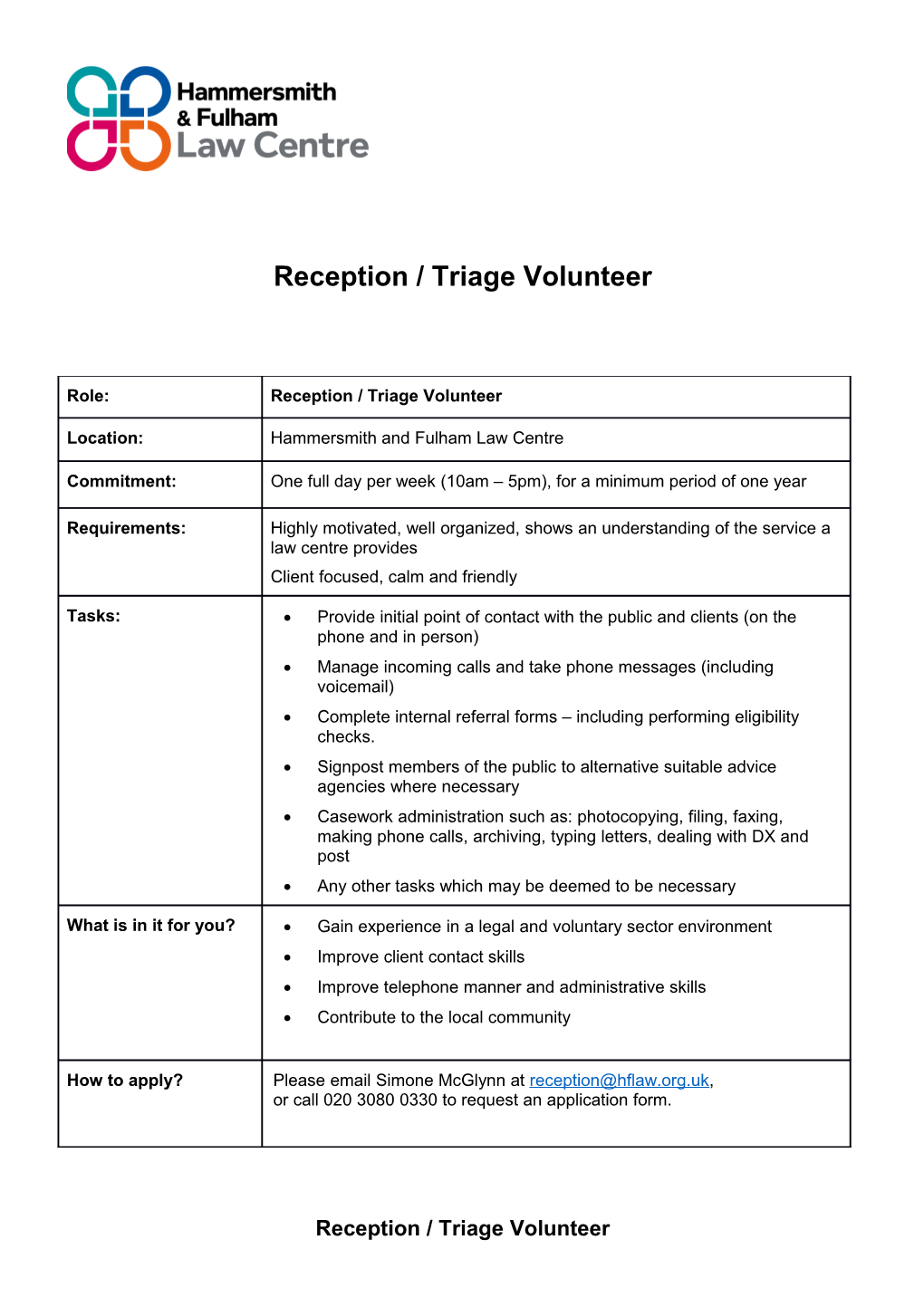Reception / Triage Volunteer