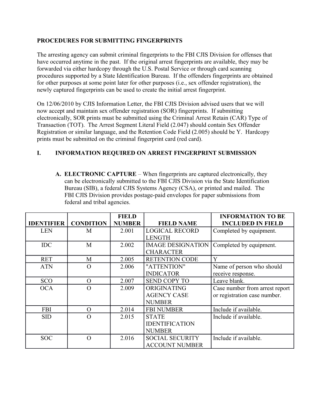 Procedures for Submitting Fingerprints