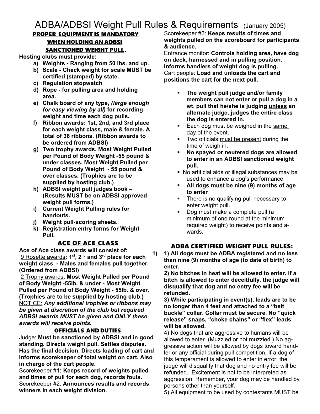 ADBA/ADBSI Weight Pull Rules & Requirements (January 2005)