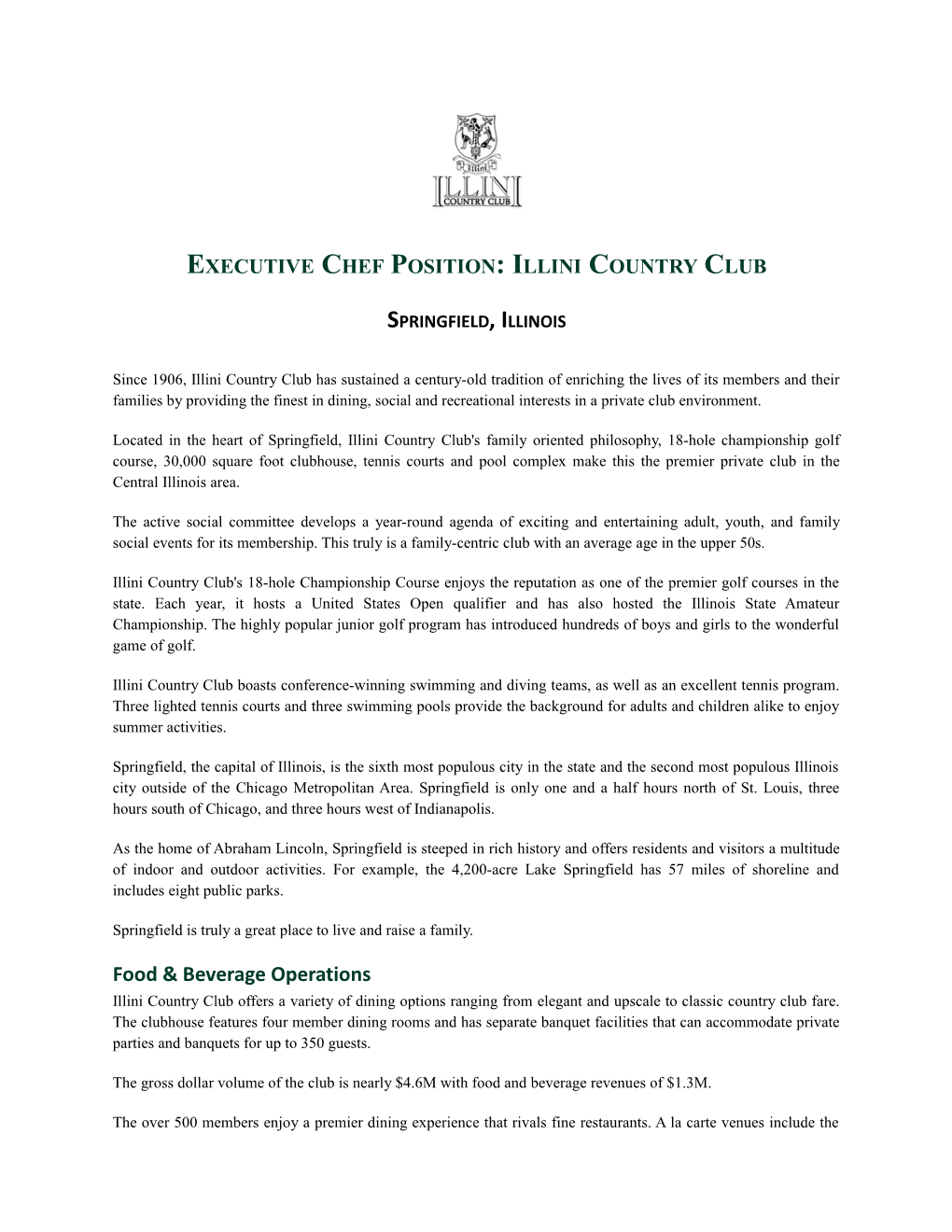 Executive Chef Position: Illini Country Club