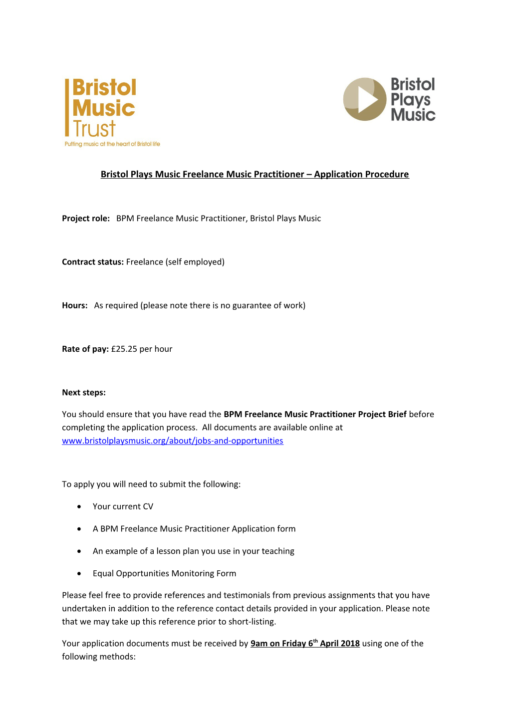 Bristol Plays Music Freelance Music Practitioner Application Procedure