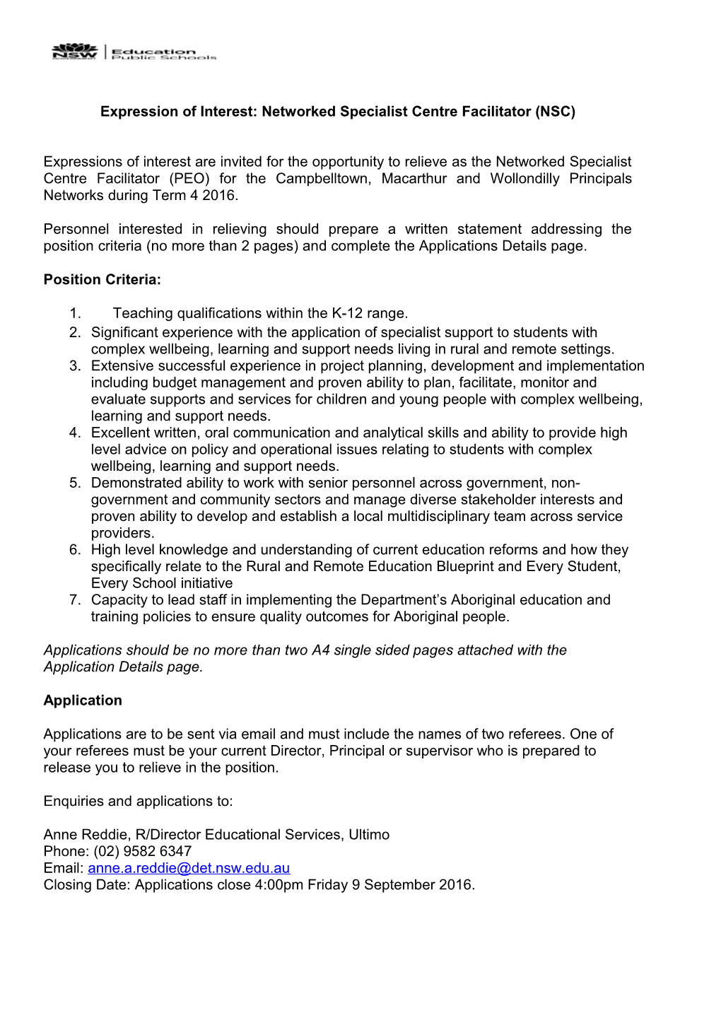 Expression of Interest: Networked Specialist Centre Facilitator (NSC)