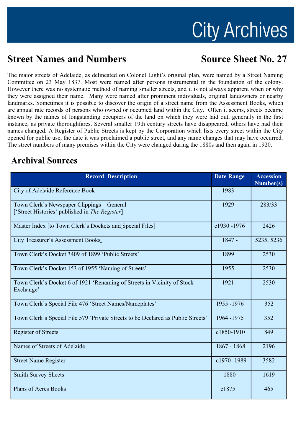 Street Names and Numbers Source Sheet No. 27