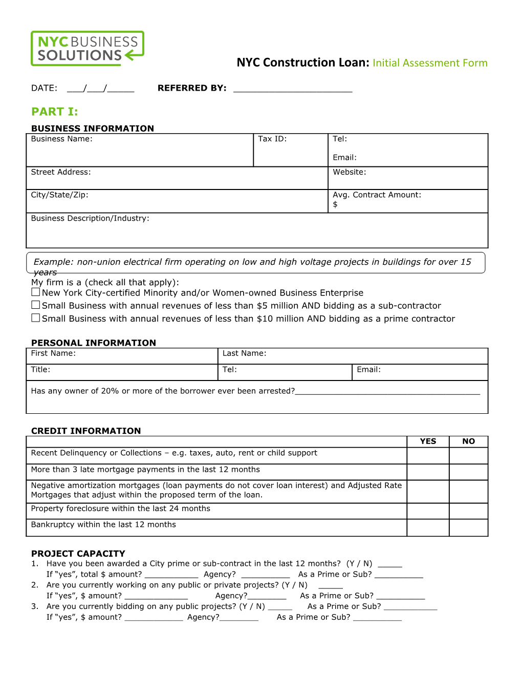 NYC Construction Loan: Initial Assessment Form