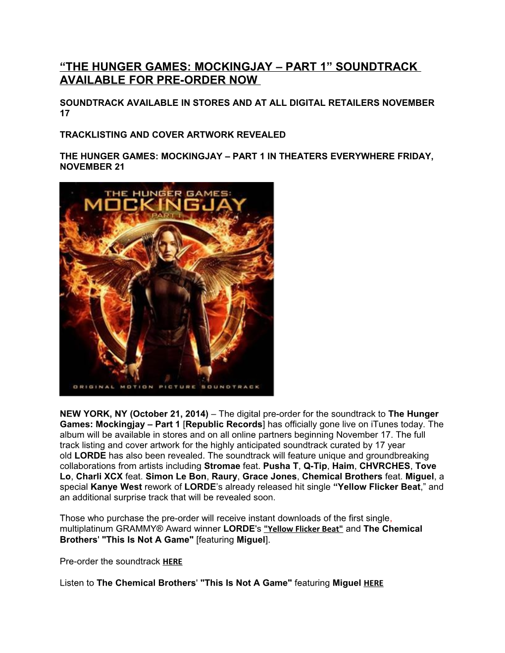 The Hunger Games: Mockingjay Part 1 Soundtrack Available for Pre-Order Now