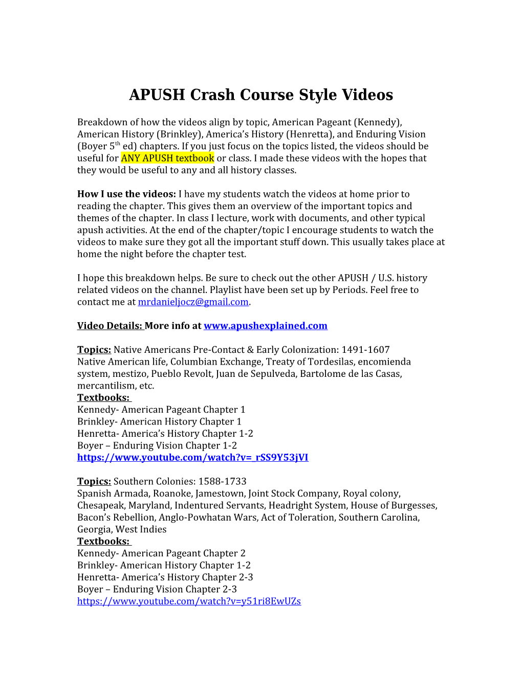 APUSH Crash Course Style Videos