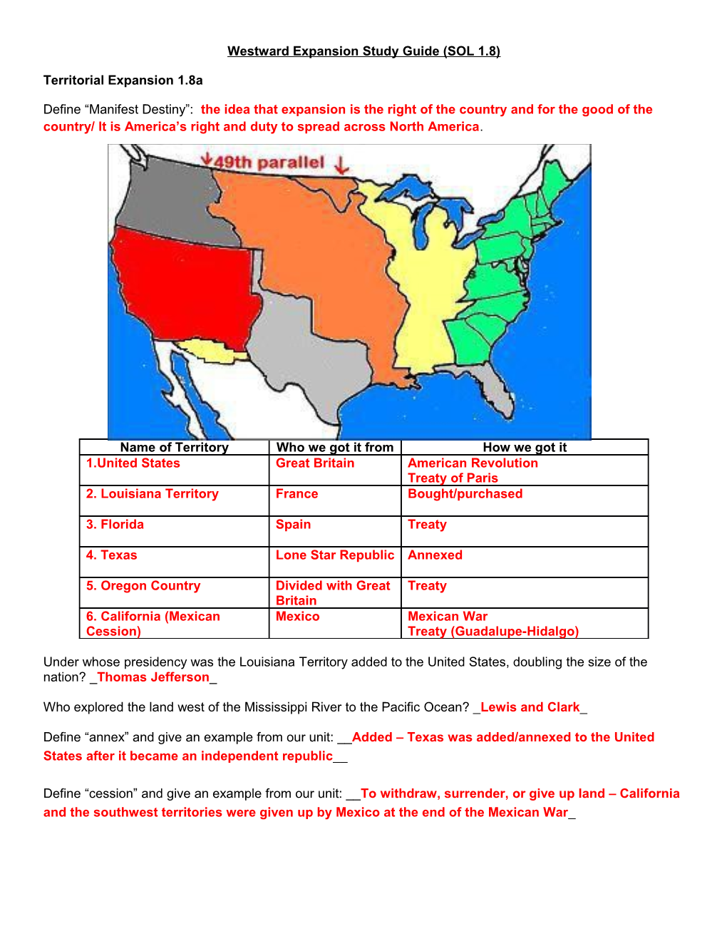 Westward Expansion Study Guide (SOL 1.8)