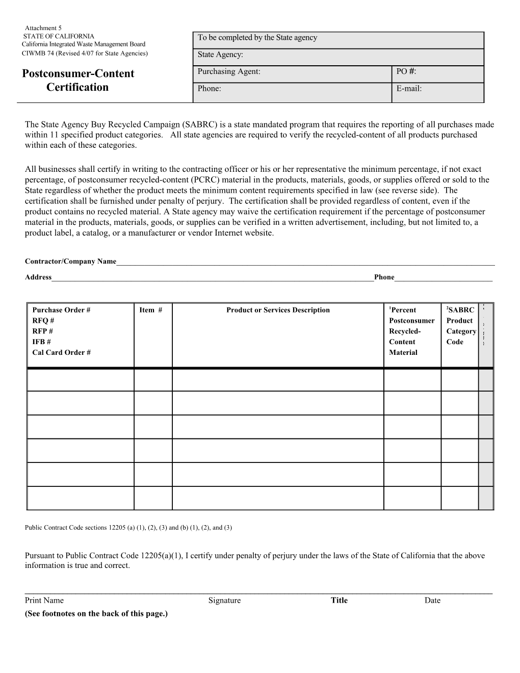 Postconsumer-Content Certification, CIWMB 74 (Revised 4/07)