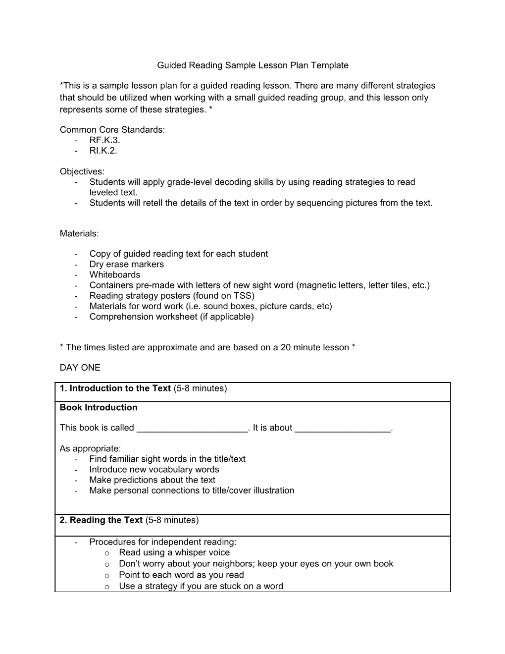 Guided Reading Sample Lesson Plan Template