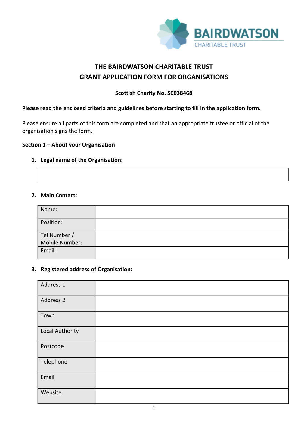 The Bairdwatson Charitable Trust Application Form