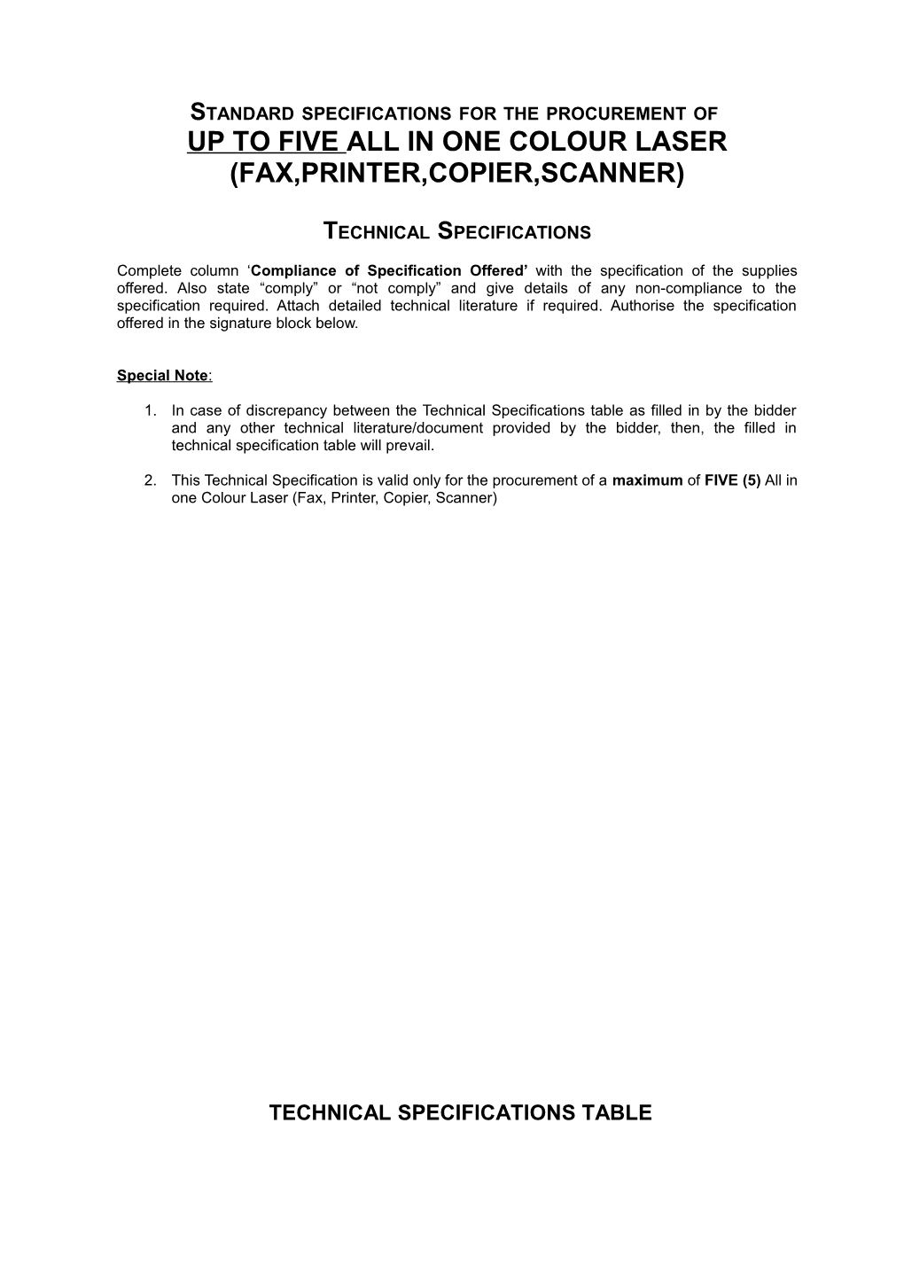 Specifications for Procurement of up to Five (5) A4 Laser Printers (Last Updated 01 Mar 2013)