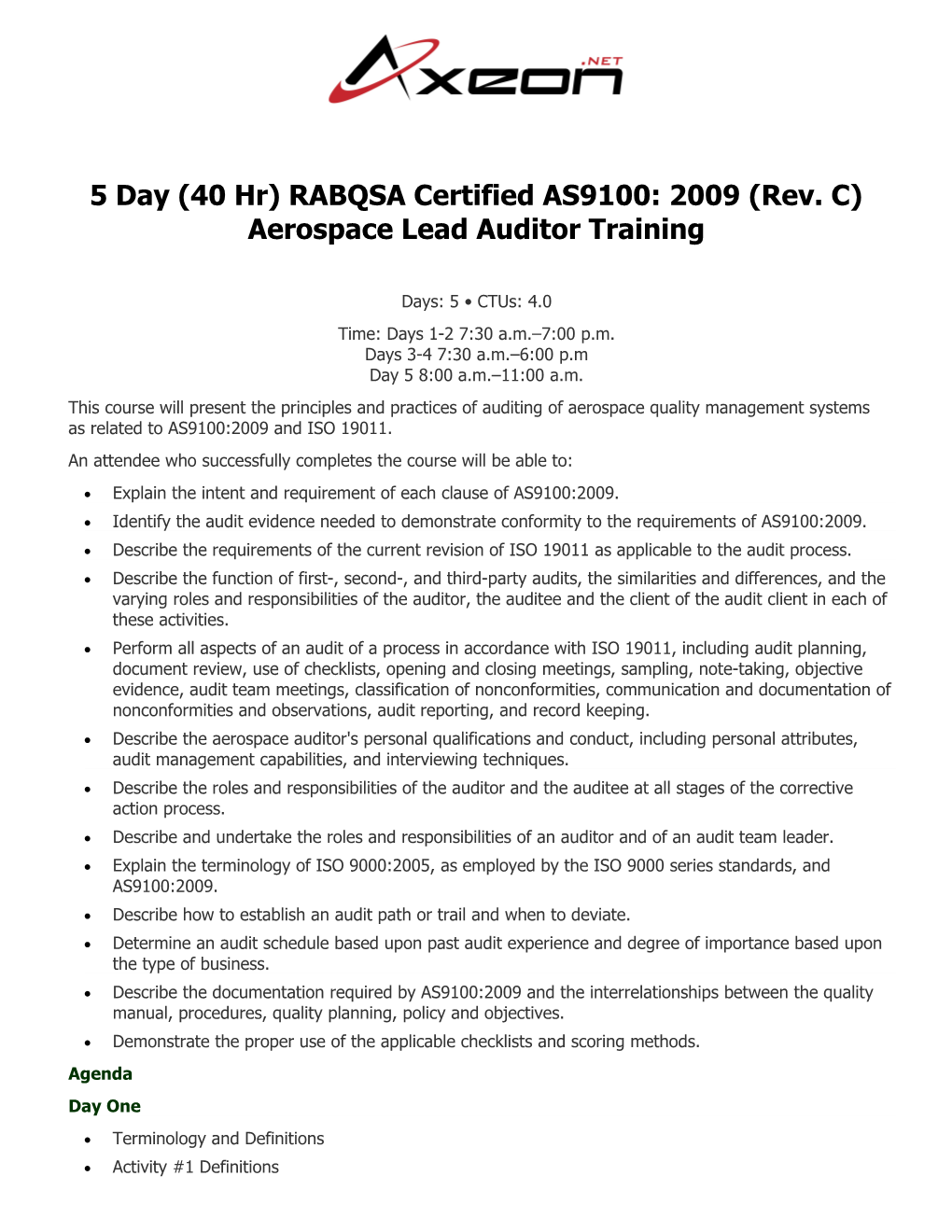 5 Day (40 Hr) RABQSA Certified AS9100: 2009 (Rev. C) Aerospace Lead Auditor Training