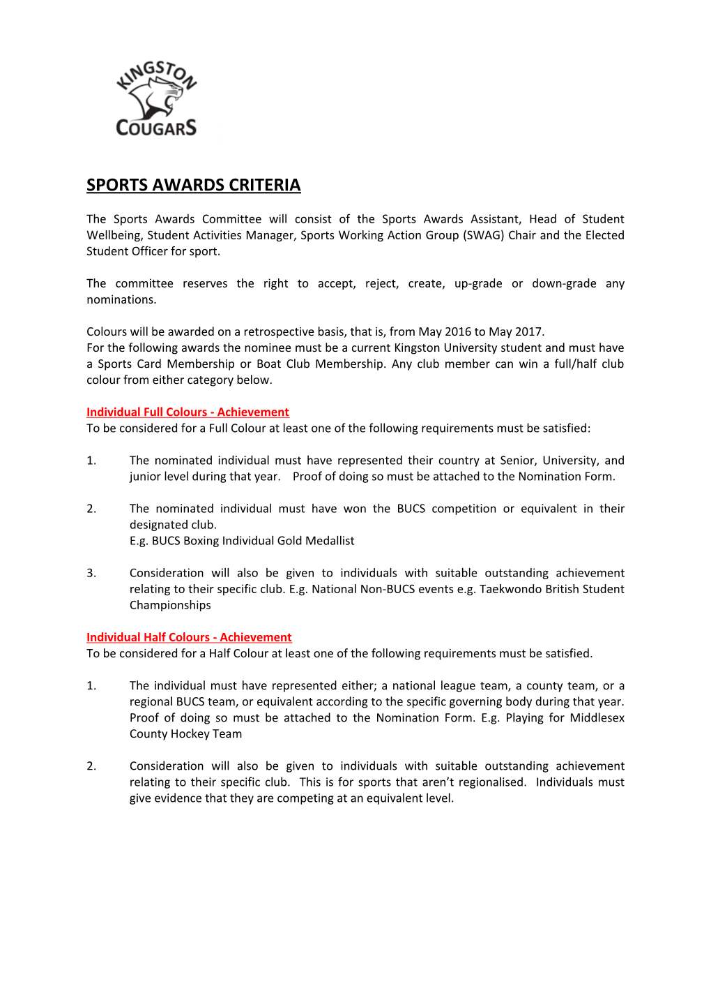 Sports Awards Criteria