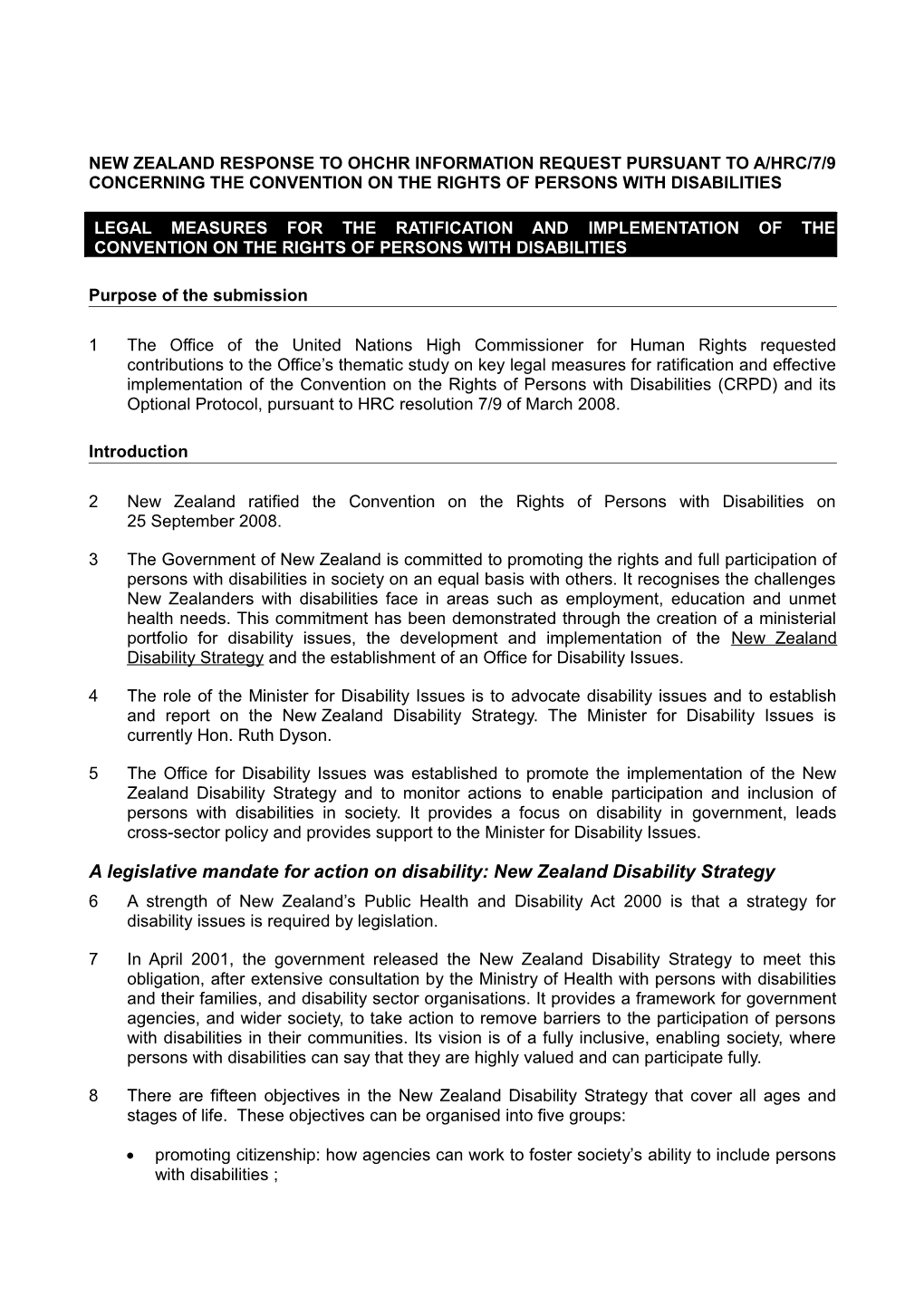 New Zealand Response to Ohchr Information Request Pursuant to A/Hrc/7/9 Concerning The