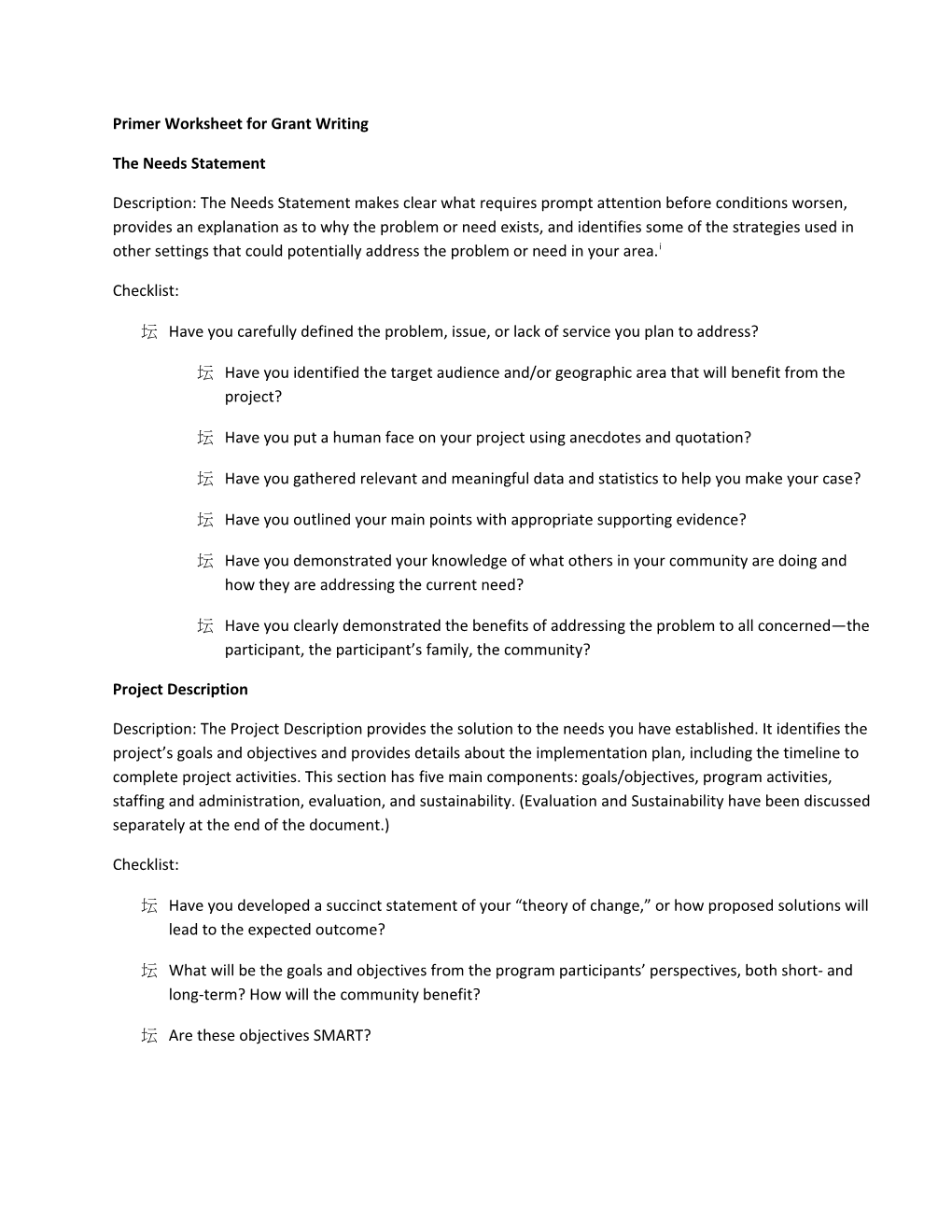 Primer Worksheet for Grant Writing