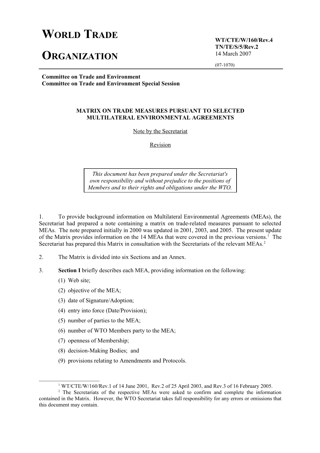 Matrix on Trade Measures Pursuant to Selected Multilateralenvironmental Agreements