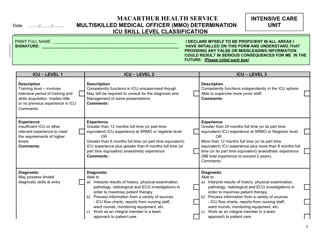 Date: / / MULTISKILLED MEDICAL OFFICER (MMO) DETERMINATION