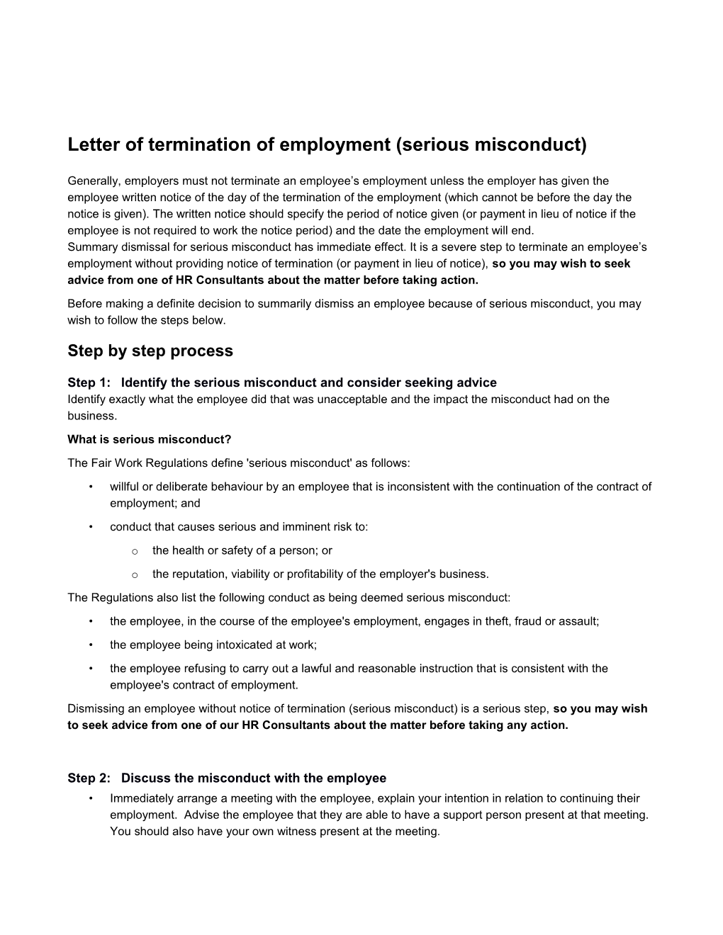 Letter of Termination of Employment (Summary Dismissal - Serious Misconduct) Template