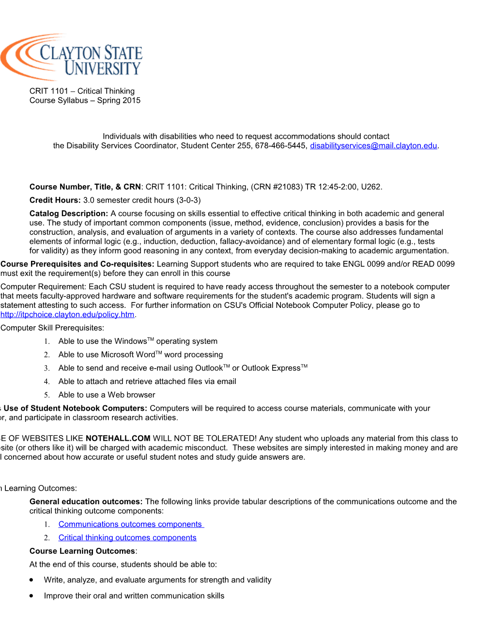 CRIT 1101 Critical Thinking Course Syllabus Spring 2015