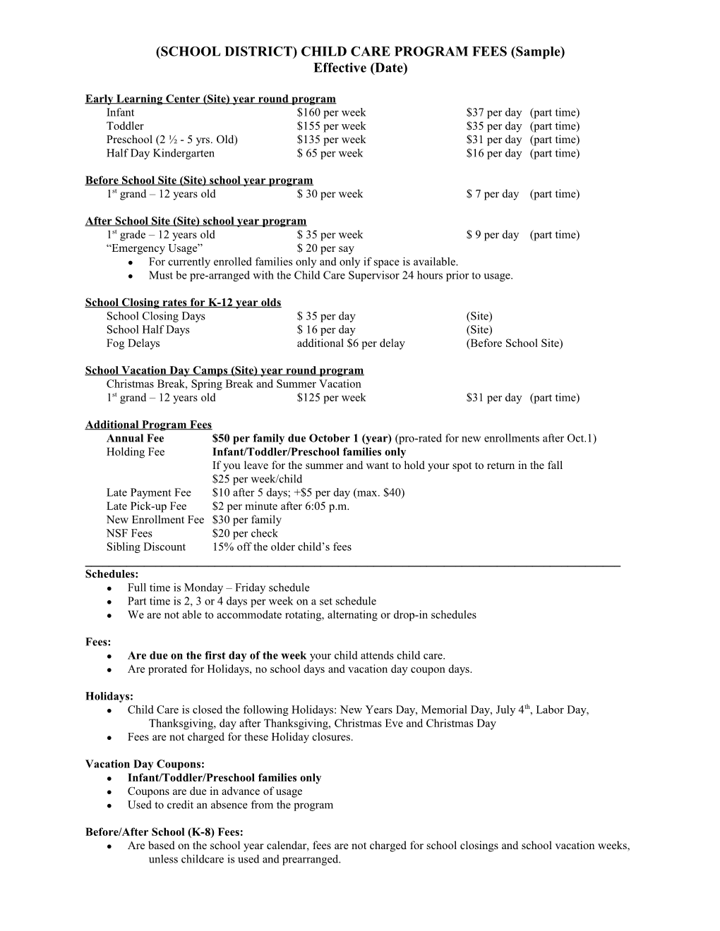 SCHOOL DISTRICT) CHILD CARE PROGRAM FEES (Sample