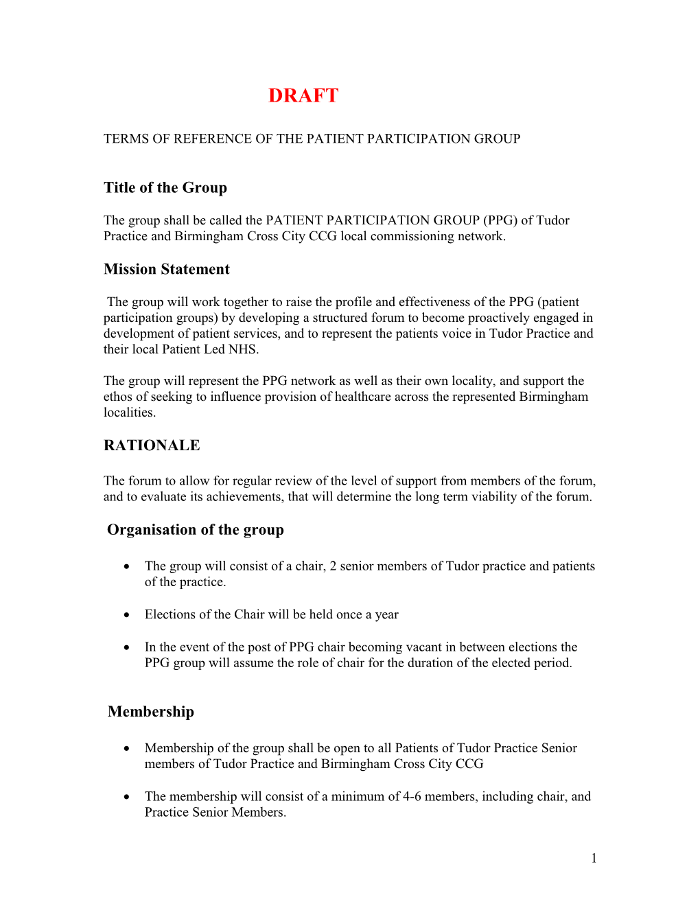 Terms of Reference of the Patient Participation Chairs Forum