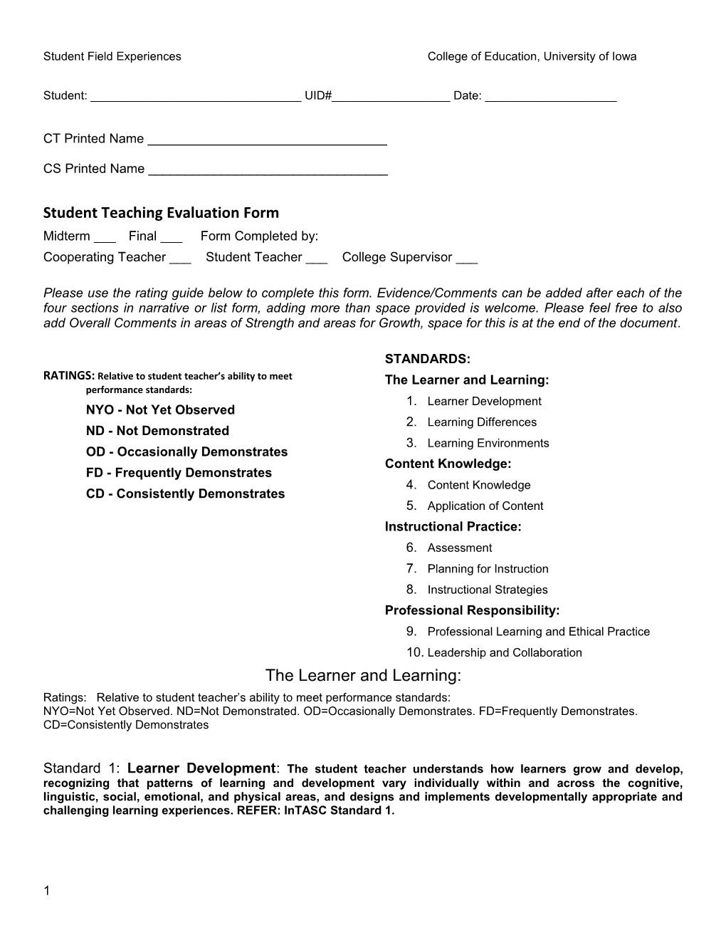 Elementary Student Teaching Evaluation Form