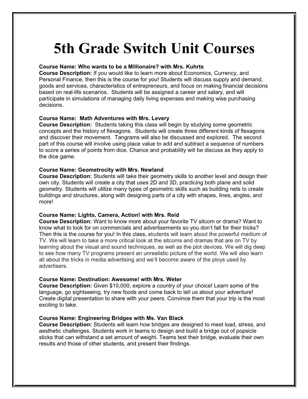 5Th Grade Switch Unit Courses