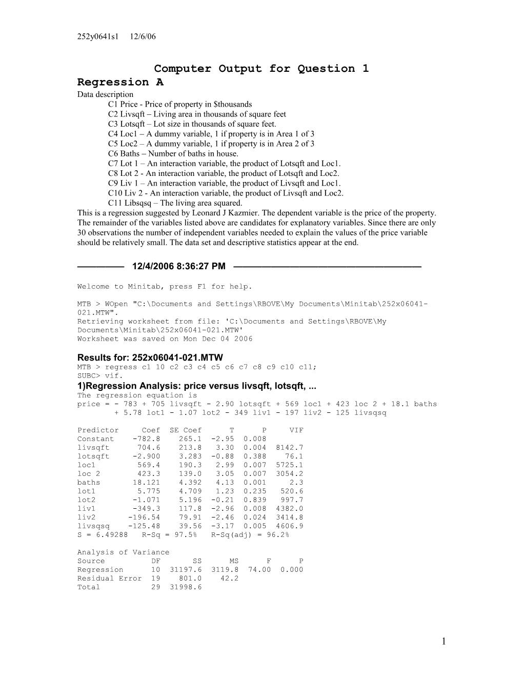 Computer Output for Question 1