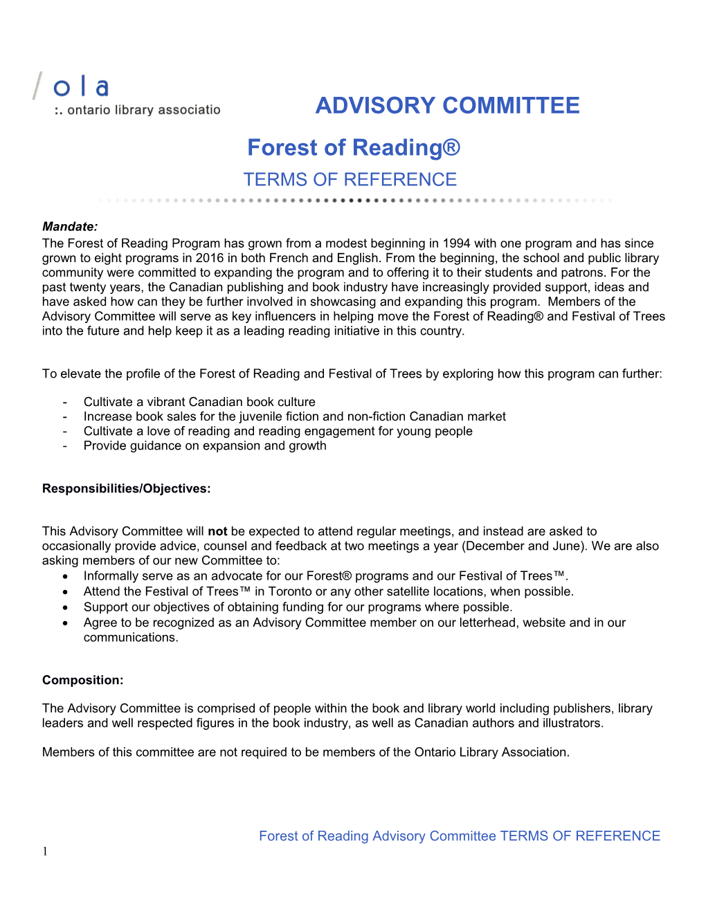 Forest of Reading Advisory Committee TERMS of REFERENCE