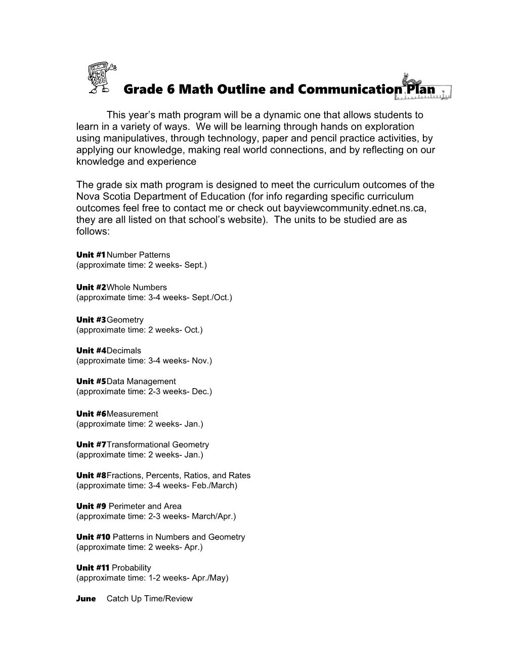 Grade 6 Math Outline and Communication Plan